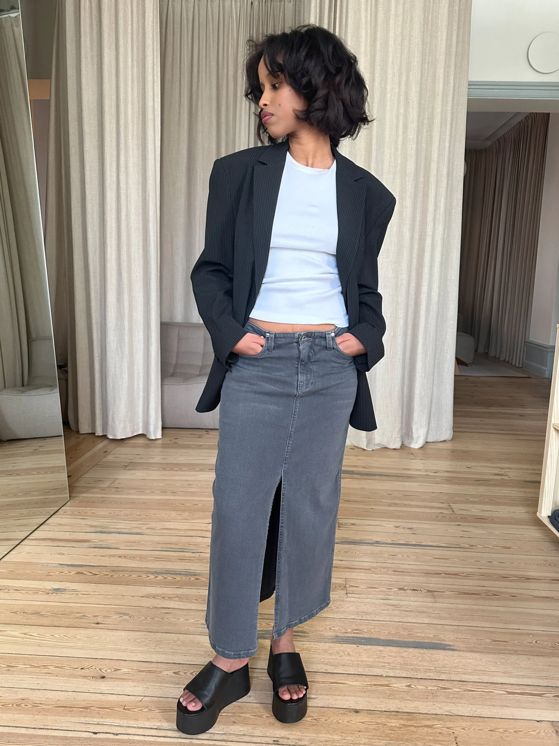 Djerf Avenue Denimkjol Midi Washed Grey Sale